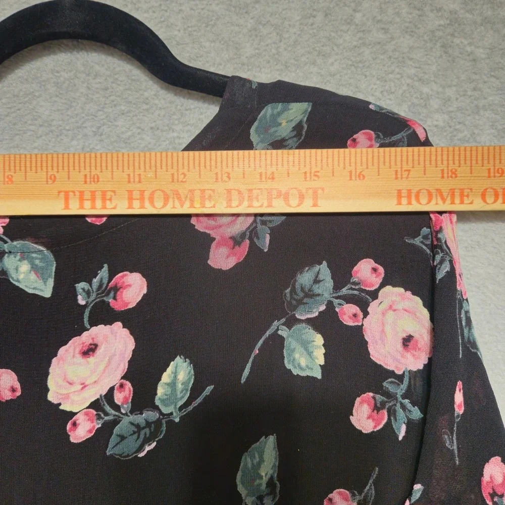 LOLA P Womens Midi Dress Medium Black Pink Floral Ruffle Hem 90s Y2K Cottagecore